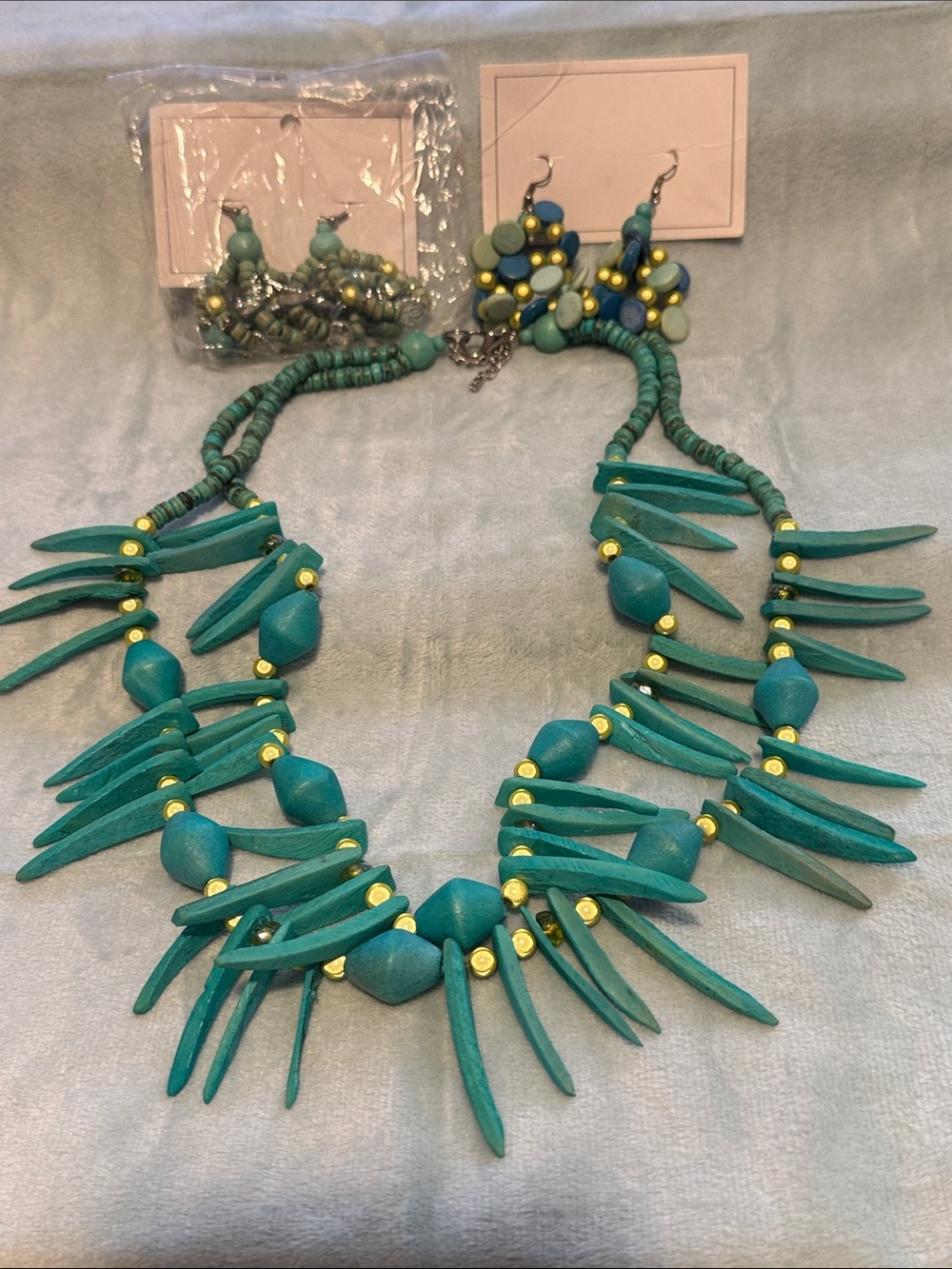 Turquoise Spike Statement Necklace Set with Gold Accents - Women Jewelry